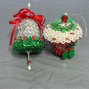 VTG Handmade Push Pin Christmas Ornaments lot Of 2 Bell And Cupcake Beads Sequin